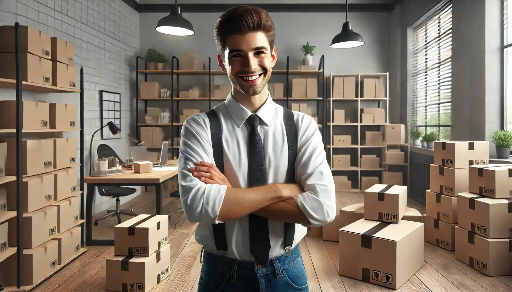 A happy entrepreneur standing in a modern workspace, surrounded by a few boxes of ready-to-ship orders and products prepared for sale.