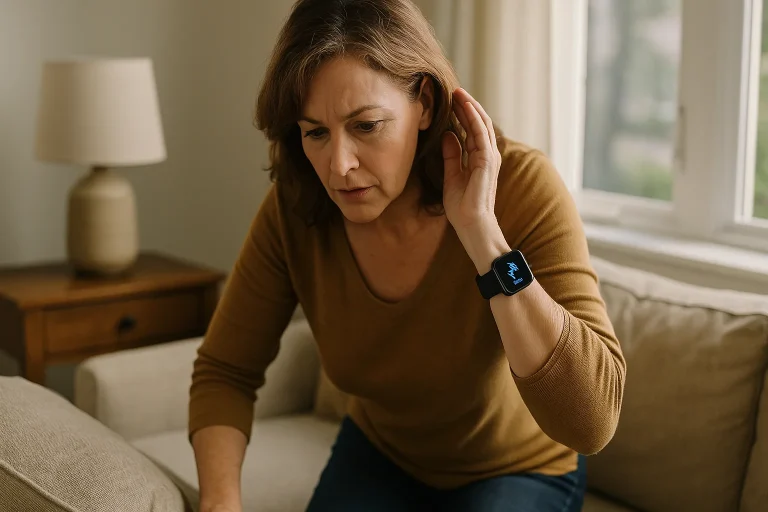 A middle-aged woman stands near her living room sofa, listening carefully as her Apple Watch pings to help her locate her misplaced iPhone buried under the cushions.
