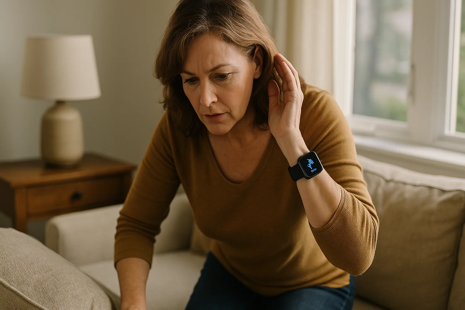 A middle-aged woman stands near her living room sofa, listening carefully as her Apple Watch pings to help her locate her misplaced iPhone buried under the cushions.