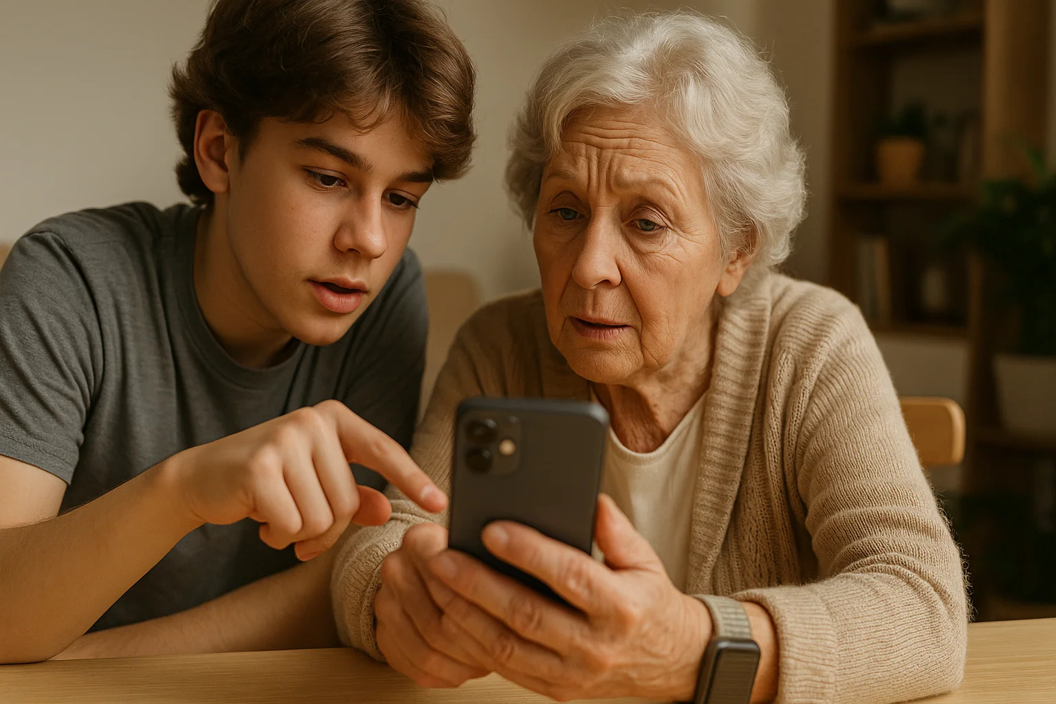 A teenage boy patiently guides his curious grandmother at the table, showing her how to share her live location via Telegram, while she studies the phone screen attentively.