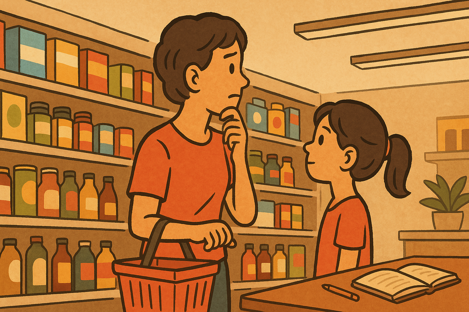 A person holding a red shopping basket and standing in a supermarket aisle, looking thoughtfully at the shelves filled with colorful boxes and bottles, while a young girl stands nearby watching.
