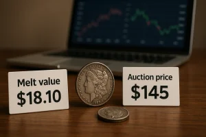 A coin is displayed between its melt value and recent auction price, illustrating how metal content and real market demand can produce sharply different numbers.