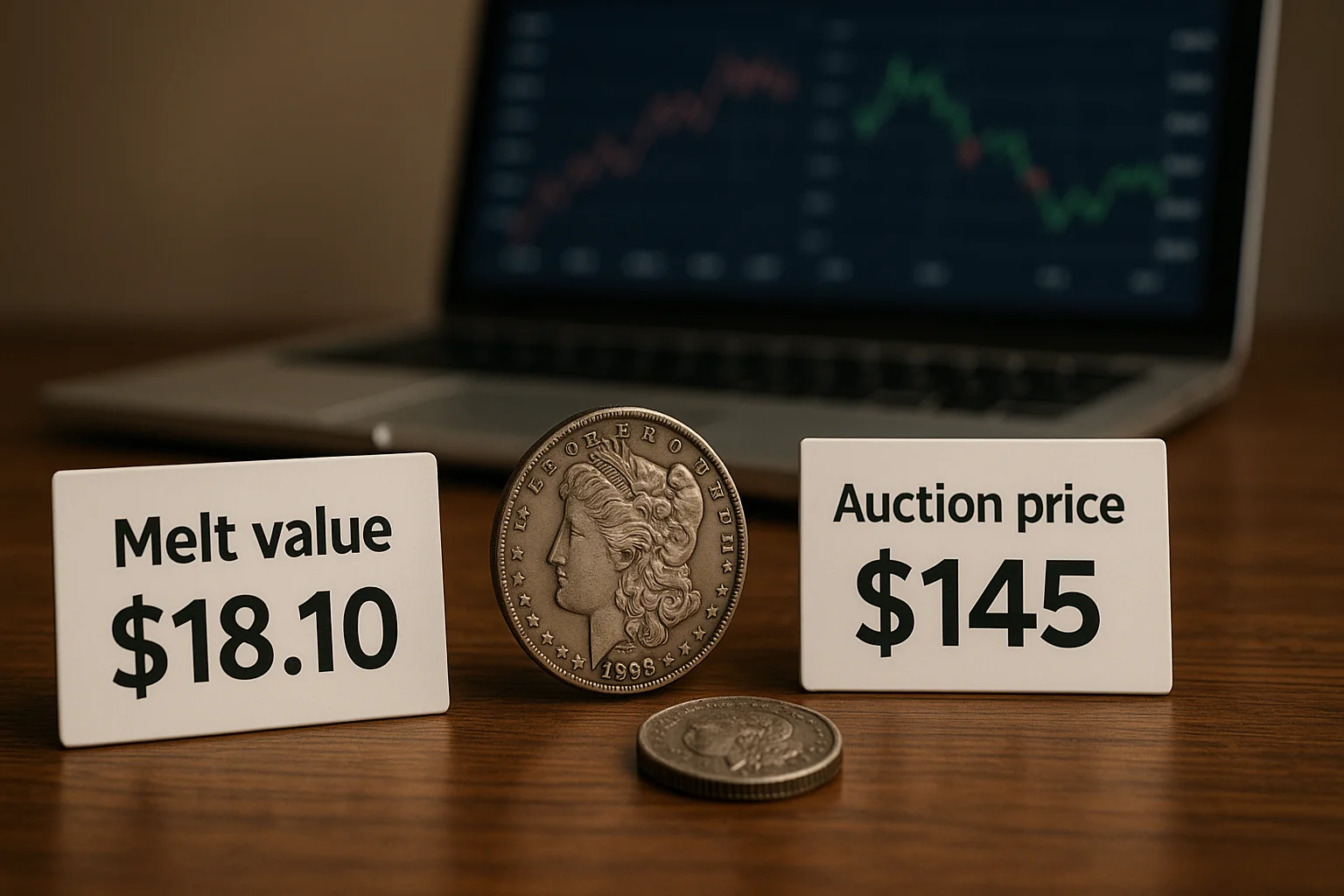A coin is displayed between its melt value and recent auction price, illustrating how metal content and real market demand can produce sharply different numbers.
