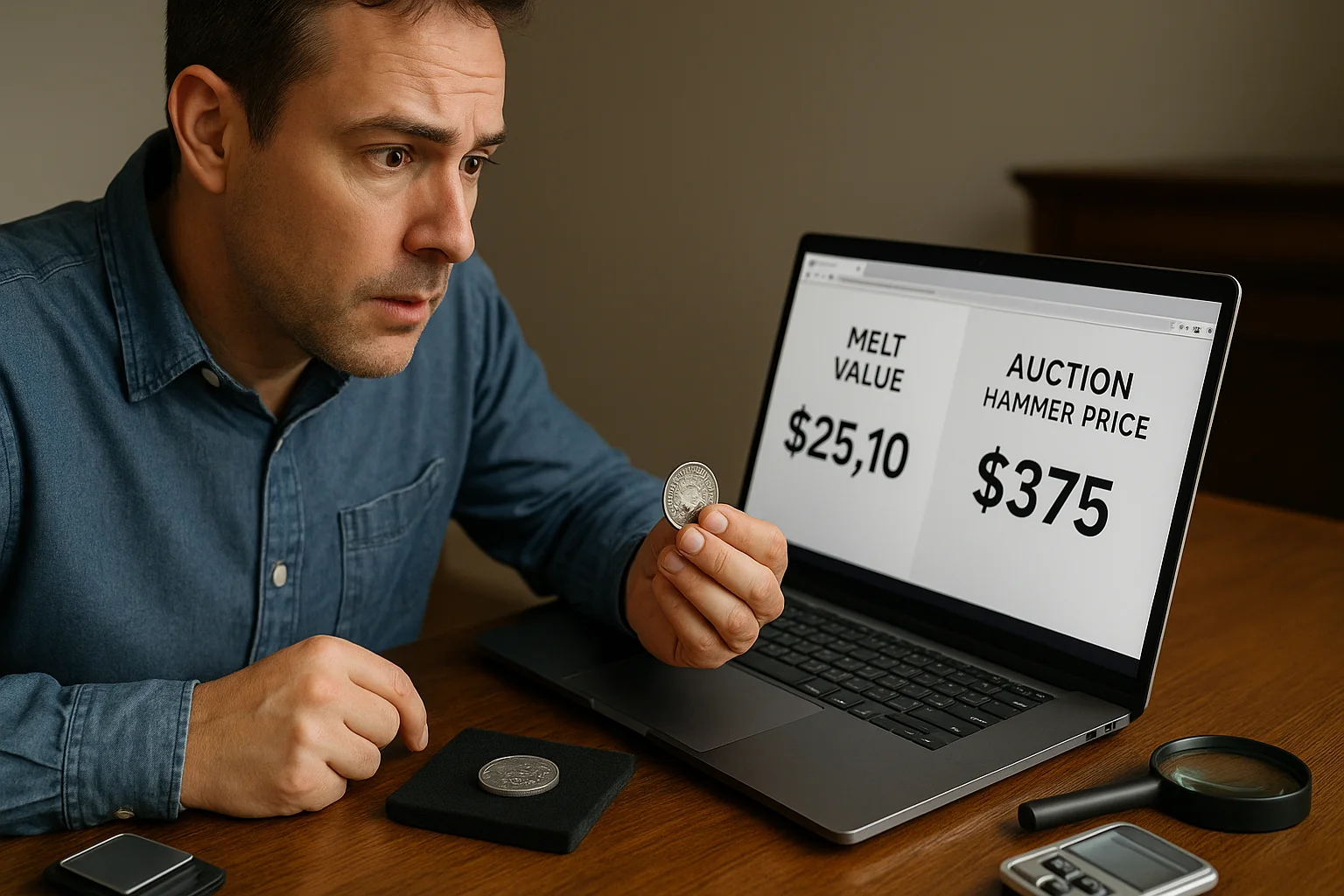 A collector compares the melt value and auction hammer price on his laptop while examining the coin in hand to understand where the real market value truly lies.